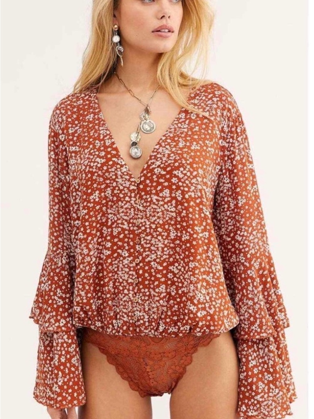 Free People Rust Floral V-Neck Peasant Blouse